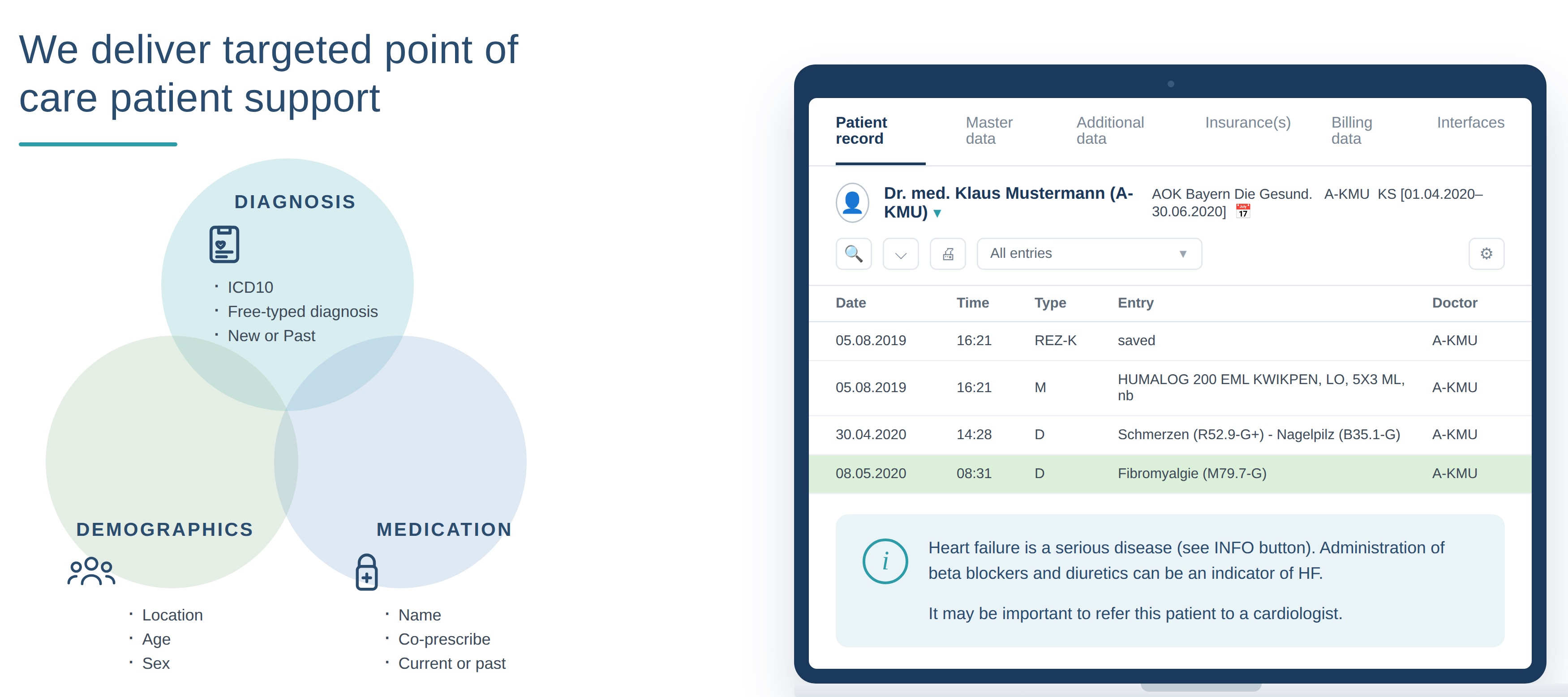 A clinician's screen showing a Nexa message delivered inside the EMR: a point-of-care alert about a disease-area program, targeted using diagnostics, demographics, and medication context.